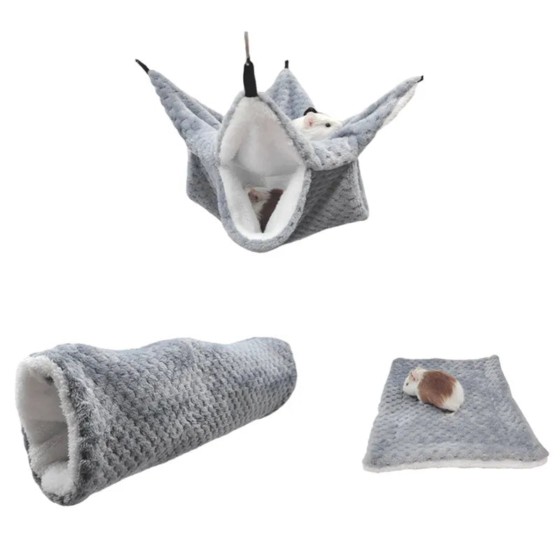 3pcs Hamster Hammock Tunnel Cushion Plush Hanging Cave Hut Winter Warm House Small Animals Hideaway for Guinea Pigs Sugar Glider