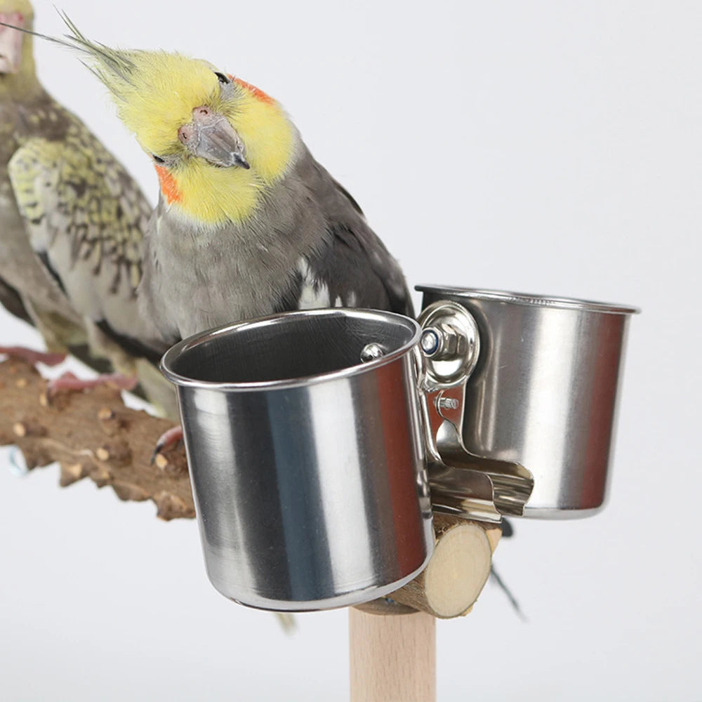 Bird Feeder Cup with Clip Stainless Steel  Double Cups Parrot Feeding Food Water Bowl Bird Cage Feeder Accessories Pet Supplies