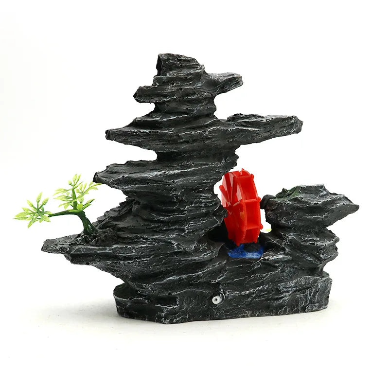 Fish Tank Landscaping Waterwheel Rock Mountain Decor Air Maker Resin Decoration Castle Fish Shrimp Shelter Aquarium Accessories