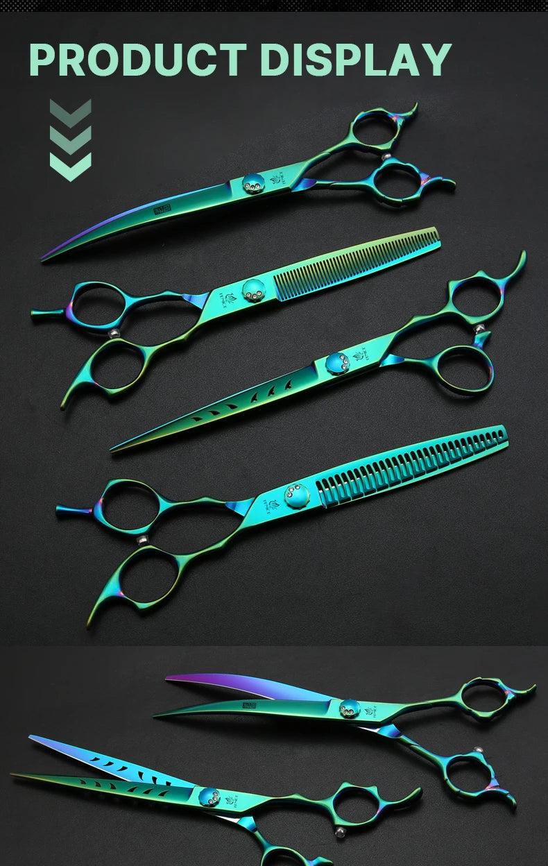 Fenice High-grade 7.0/7.5 inch JP440C Fluorescent Green Pet Grooming Scissors Shears Cutting&Curved&Thinner Set for Dog Groomer
