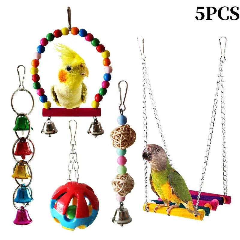 Parrots Wood Toys Cockatiel Toys Bird Cage Swing Hammock Chewing Toy Colorful Parakeet Wooden Hanging Bell Parrot Training Toys