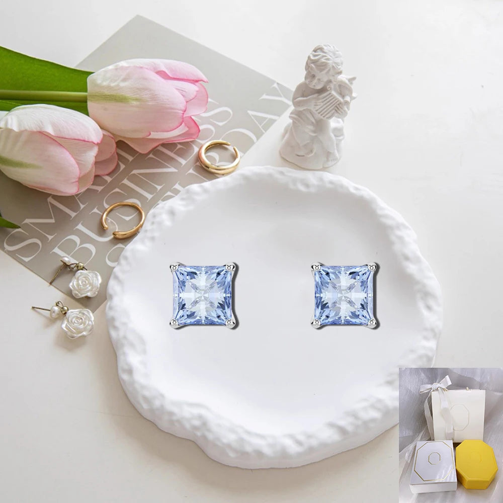 New square cut blue crystal earrings exquisite high-end jewelry romantic gift cat accessories