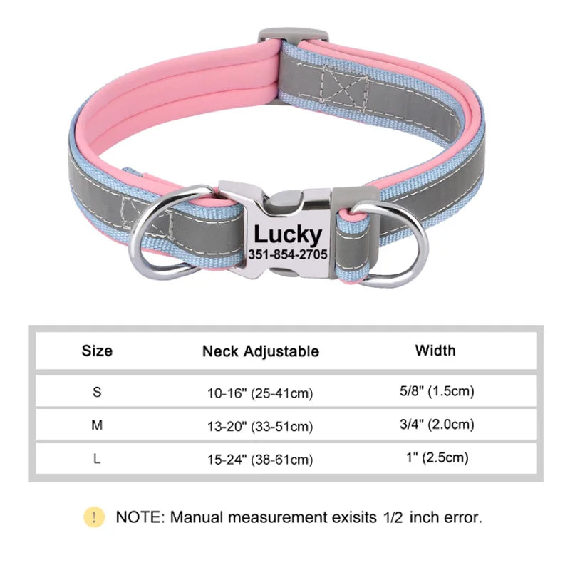 Reflective Personalized Dog Collar Engrave ID Nylon Collars Soft Padded Dogs Collar Adjustable for Small Medium Large Dogs Pug