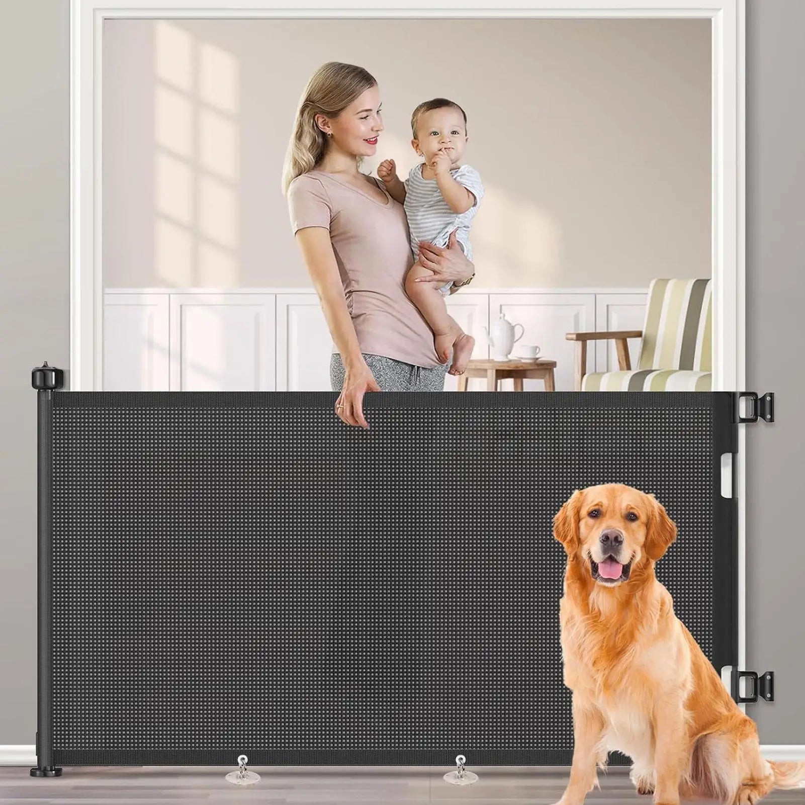 Retractable pet gate Safety Kids Pet Mesh Isolation Net No-Drill Cat Baffle Indoor Mesh Fence For Deck Kitchen Porch