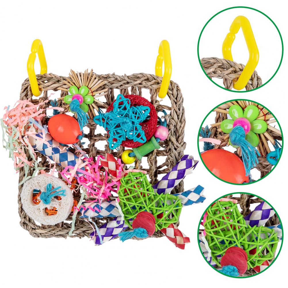 Bird Parrot Toy Natural Grass Tubes Bird Chewing Toy Parrot Cage Bite Molar Toy Parrot Cage Colorful Hanging Decoration