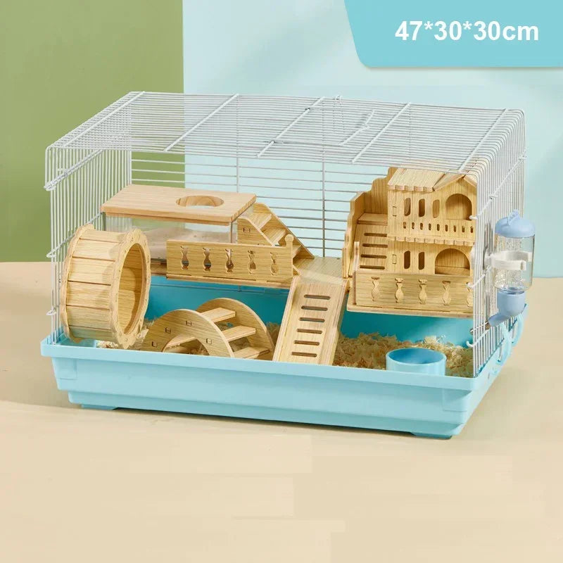 Luxury Hamster Cage Large Space Villa Two Layer Platform Small Animal Hedgehogs Guinea Pig House Stairs Running Wheel Toy Set