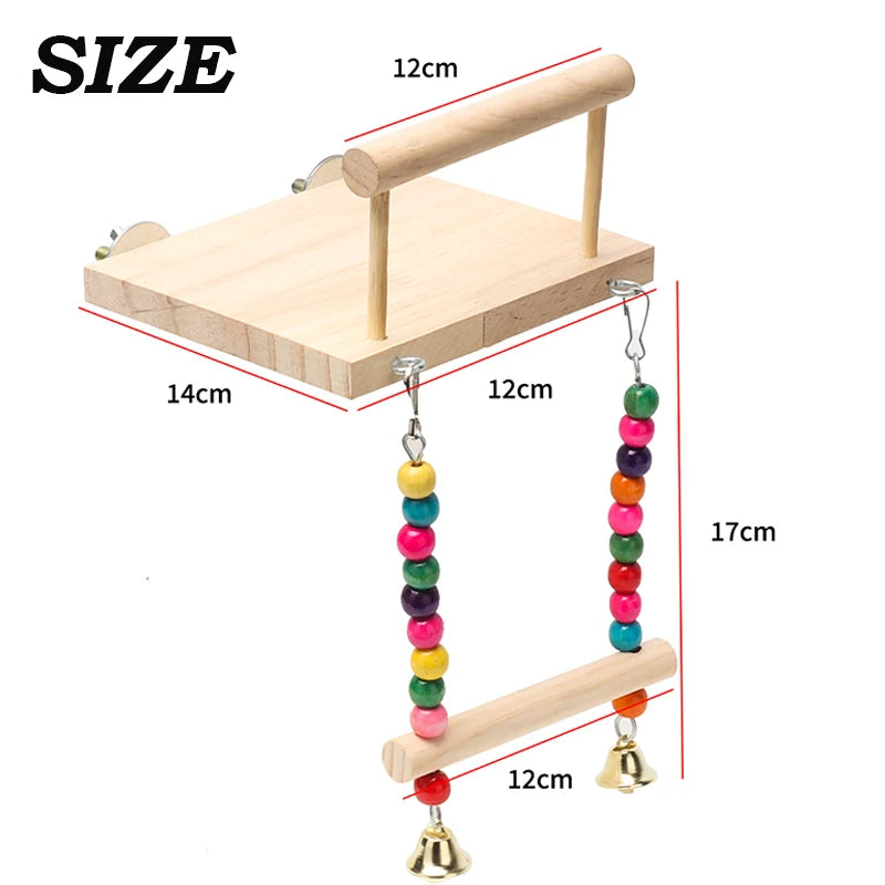 Bird Swing Toy Wooden Parrot Perch Stand Playstand with Chewing Beads Cage Playground for Budgie Birds