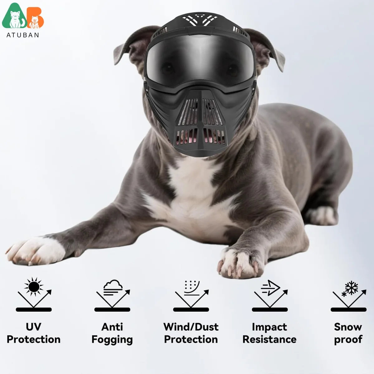 ATUBAN Dog Goggles for Medium-Large Breeds, Full Face Protection, Anti-UV Anti-Fog Pet Sunglasses for Outdoor Training, Walking