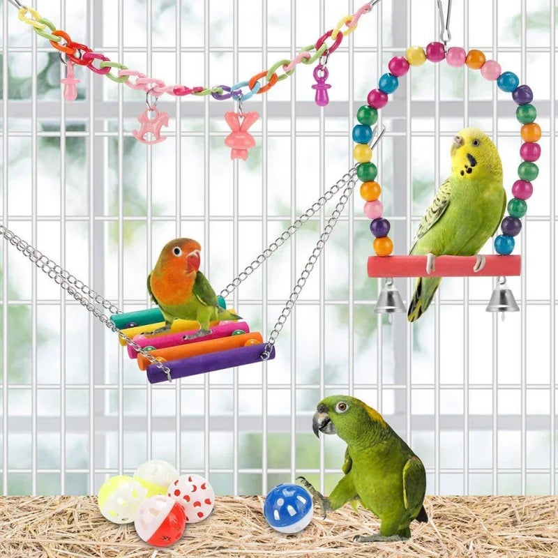 Parrots Wood Toys Cockatiel Toys Bird Cage Swing Hammock Chewing Toy Colorful Parakeet Wooden Hanging Bell Parrot Training Toys