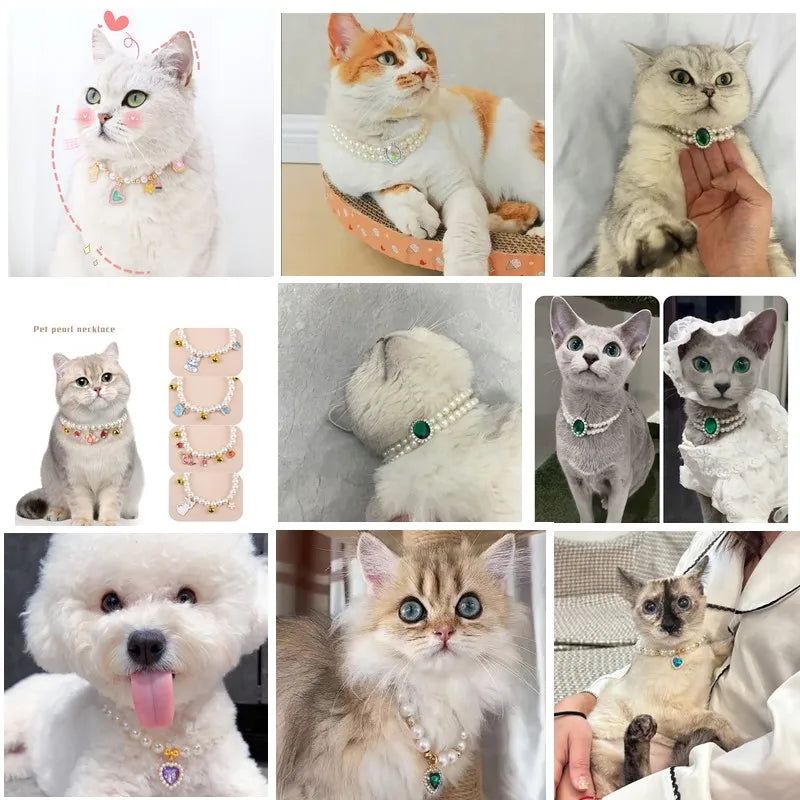 Cat Collar Decoration Pet Cute Exquisite Jewelry Kitten Adjustable Chain Cat Necklace High Simulation Pearls Pet Supplies
