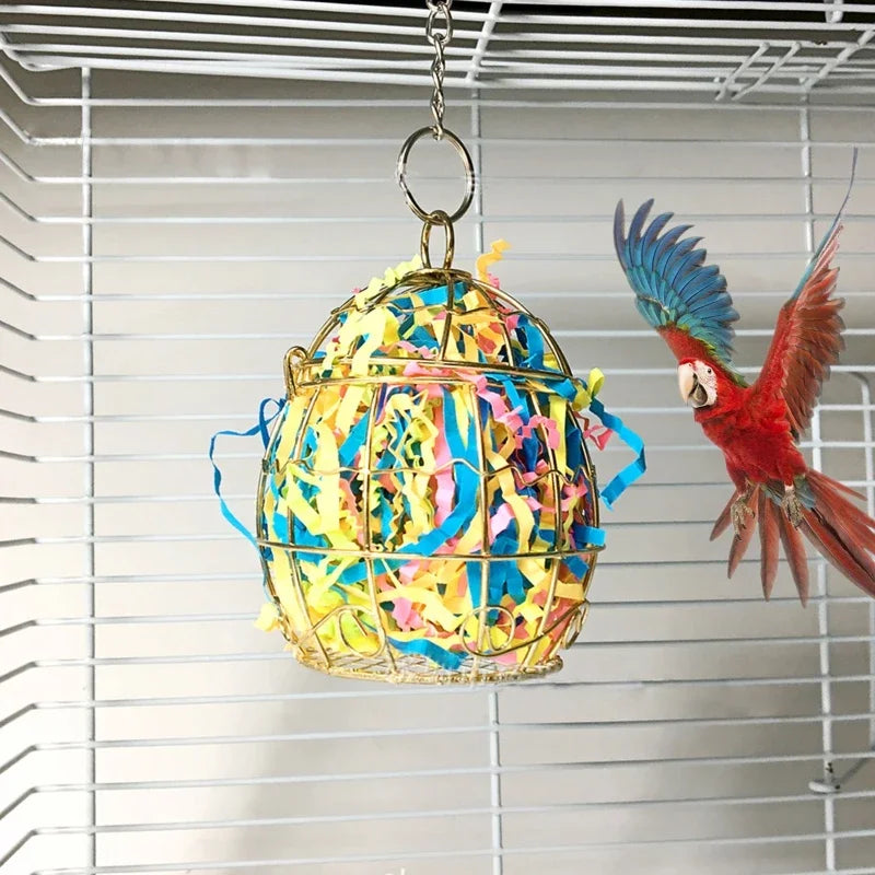 Parrot Shredder Bird Toys Stainless Steel Cage Bird Feeder Paper Foraging Vegetable Millet Basket Container For Small Animals