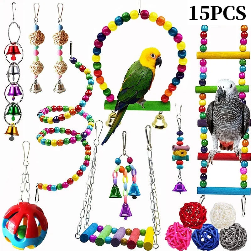 Parrots Wood Toys Cockatiel Toys Bird Cage Swing Hammock Chewing Toy Colorful Parakeet Wooden Hanging Bell Parrot Training Toys