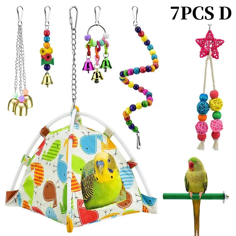 Parrots Wood Toys Cockatiel Toys Bird Cage Swing Hammock Chewing Toy Colorful Parakeet Wooden Hanging Bell Parrot Training Toys