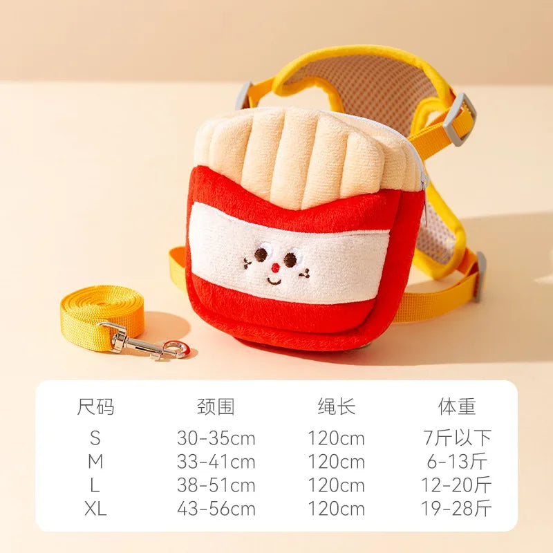 Pet Cute Burger and French Fries Backpack Towing Rope Cat Vest Dog Chest Strap for Walking Dog Rope Supplies Dog Bag