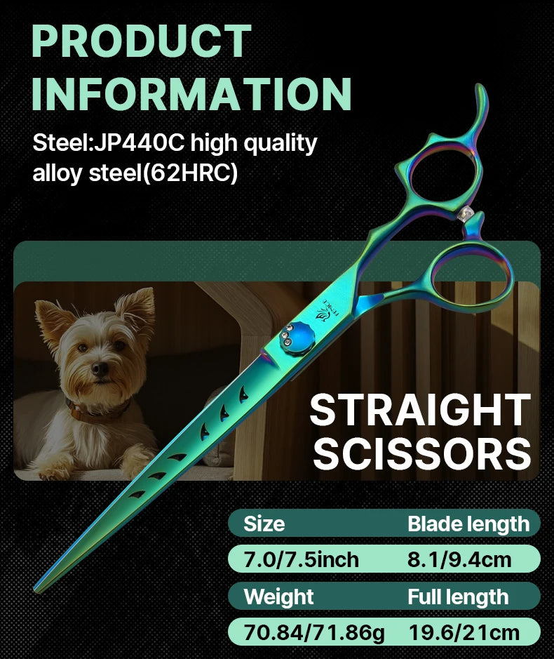 Fenice High-grade 7.0/7.5 inch JP440C Fluorescent Green Pet Grooming Scissors Shears Cutting&Curved&Thinner Set for Dog Groomer
