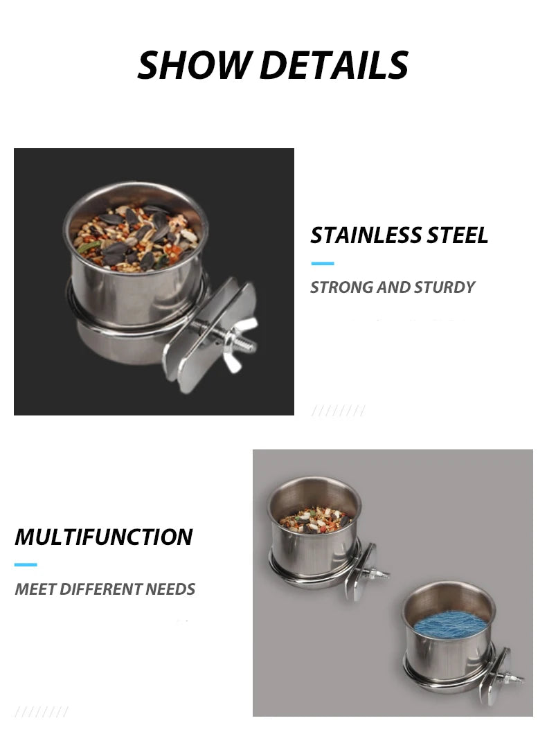 1PC Parrot Feeding Bowl With Clamp Holder Stainless Steel Pet Birds Food Dish Parrots Cage Accessories Drinking Feeder