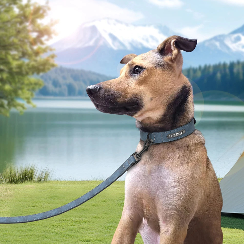 Custom Leather Dog Collar Leash Personalized Pet Collars and Leash Set Durable Leather Collar Lead for Small Medium Large Dogs