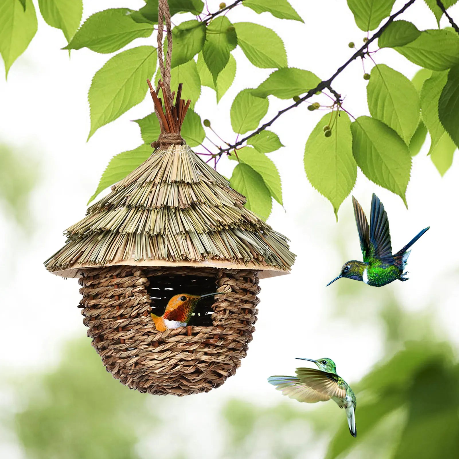Charming Decorative Hummingbird House Hand-woven Hummingbird Nest House Natural Grass Hung Bird For Garden Patio Lawn Office