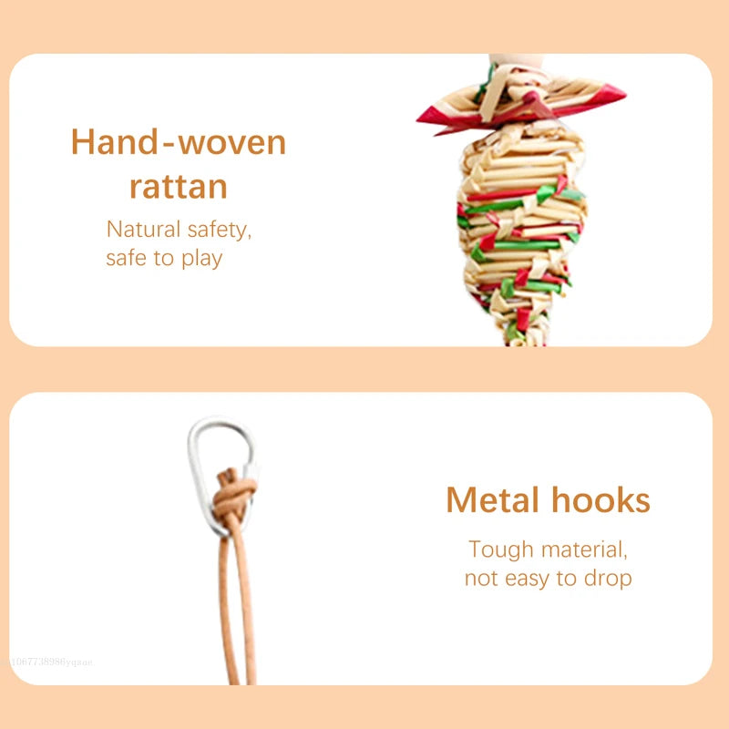 1 Pcs Pet Parrot Bird Chew Toys Handmade Natural Straw  Chewing Bite Hanging Cage Bell Swing Climb Playing Pendant