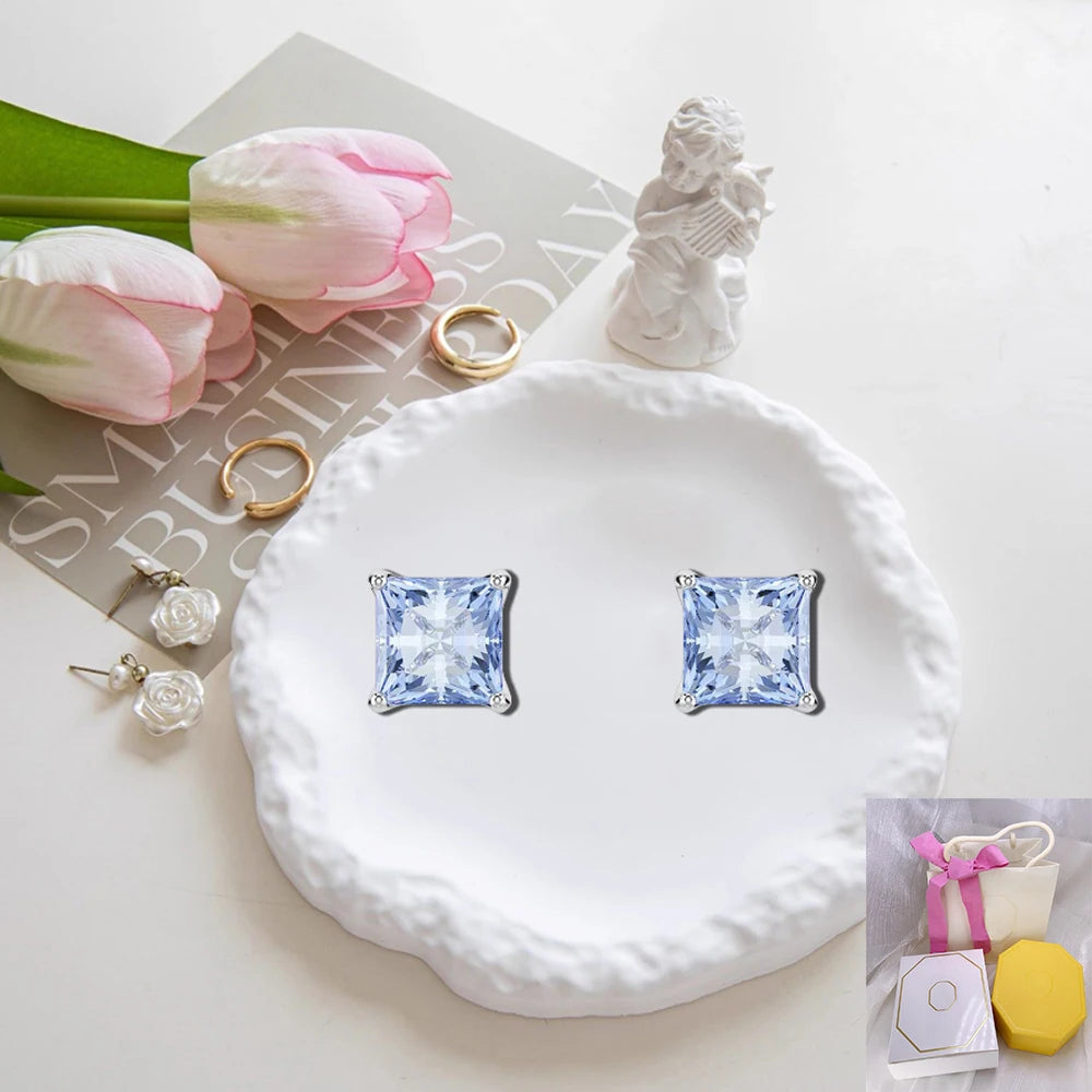 New square cut blue crystal earrings exquisite high-end jewelry romantic gift cat accessories