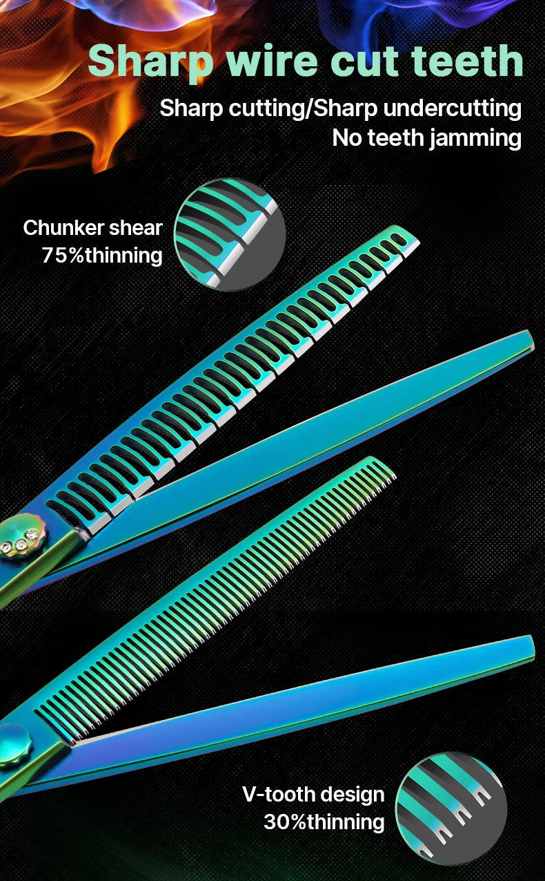 Fenice High-grade 7.0/7.5 inch JP440C Fluorescent Green Pet Grooming Scissors Shears Cutting&Curved&Thinner Set for Dog Groomer
