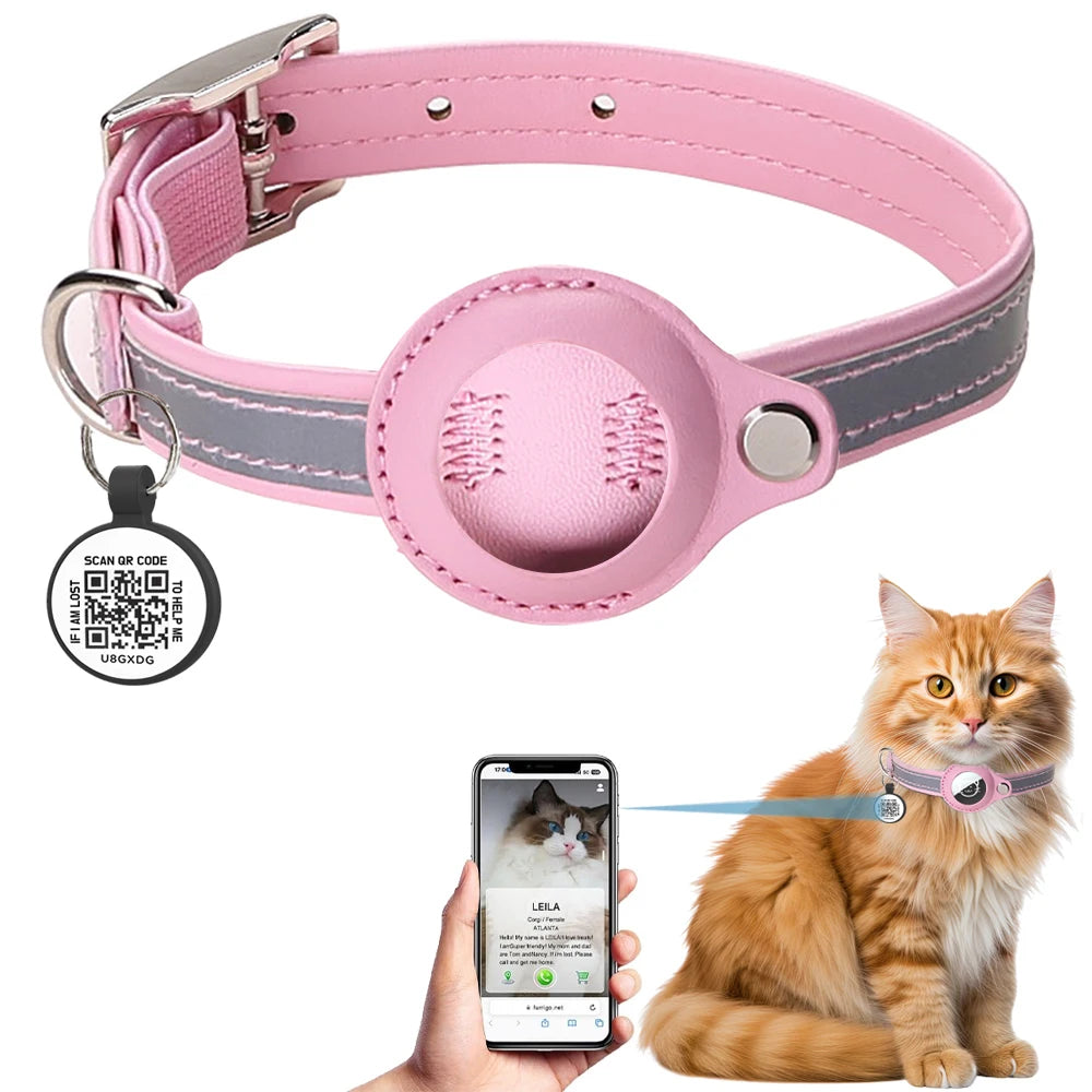 Airtag Holder Cat Collar with QR Tag, Cat Accessories Reflective PU leather Kitten Collars, Cat ID Tag, Safety Elastic bands