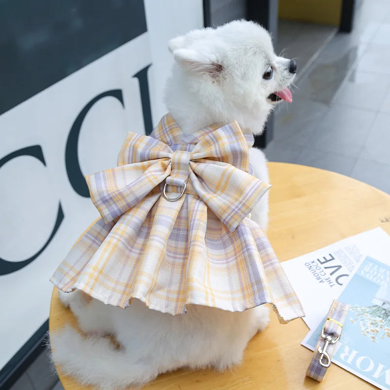 Bow Dog Collar Skirt Cute Pet Harness with Breast Strap Traction Rope Cat Dogs Clothes Harness Vest Princess Tutu Dress Skirt