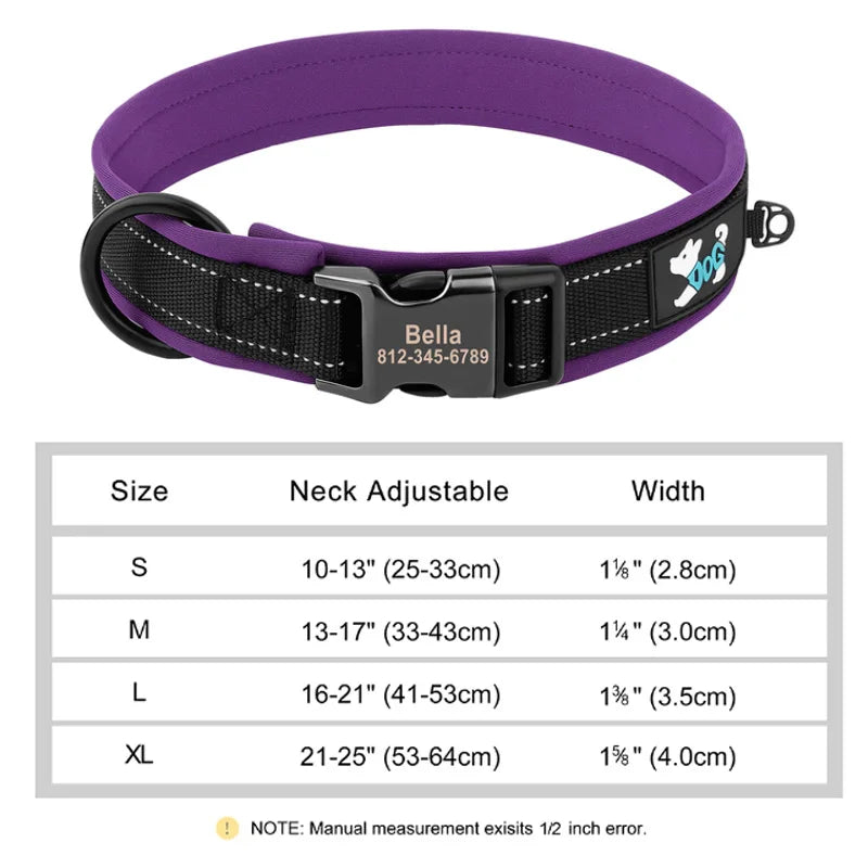 Reflective Personalized Dog Collar Engrave ID Nylon Collars Soft Padded Dogs Collar Adjustable for Small Medium Large Dogs Pug