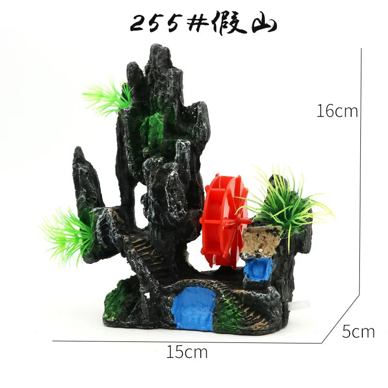 Fish Tank Landscaping Waterwheel Rock Mountain Decor Air Maker Resin Decoration Castle Fish Shrimp Shelter Aquarium Accessories