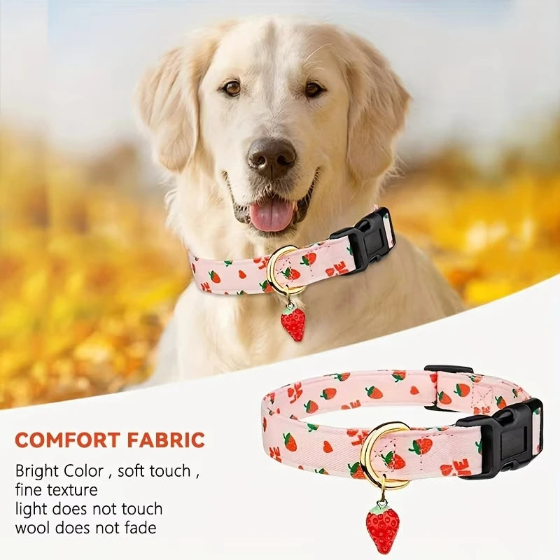 1pcs Fruit Print Polyester Dog Collar Set with Adjustable Buckles and Zinc Alloy Rings Stylish and Durable, Machine Washable