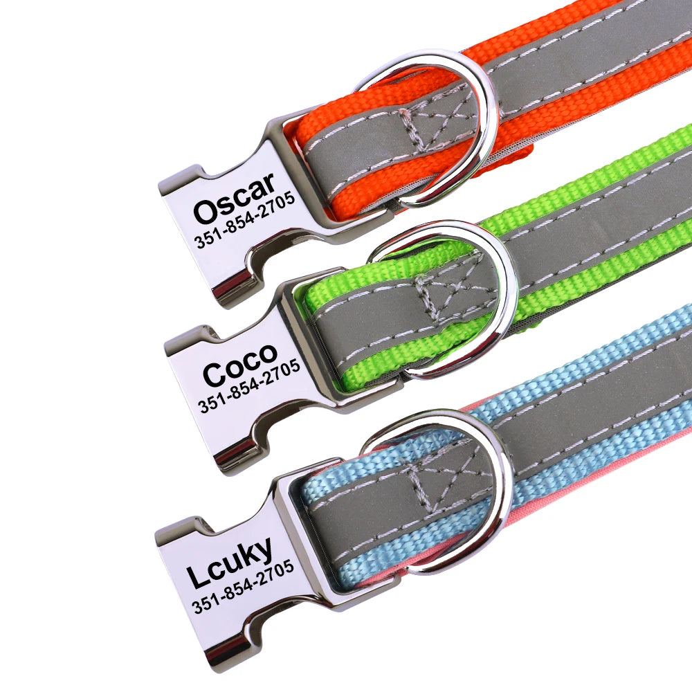 Reflective Personalized Dog Collar Engrave ID Nylon Collars Soft Padded Dogs Collar Adjustable for Small Medium Large Dogs Pug