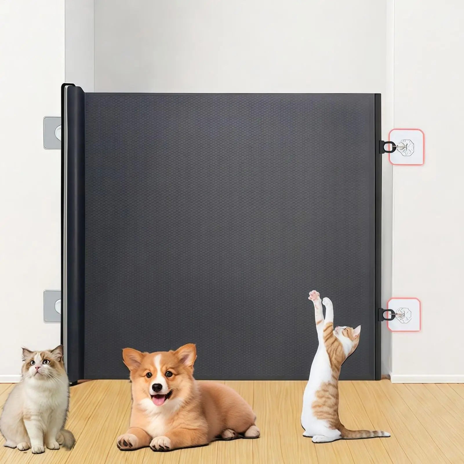 Retractable Pet Gate Anti-Escape Reinforced Mesh No-Drill Safety Barrier for Puppies Kittens Stairs Hallway Balcony