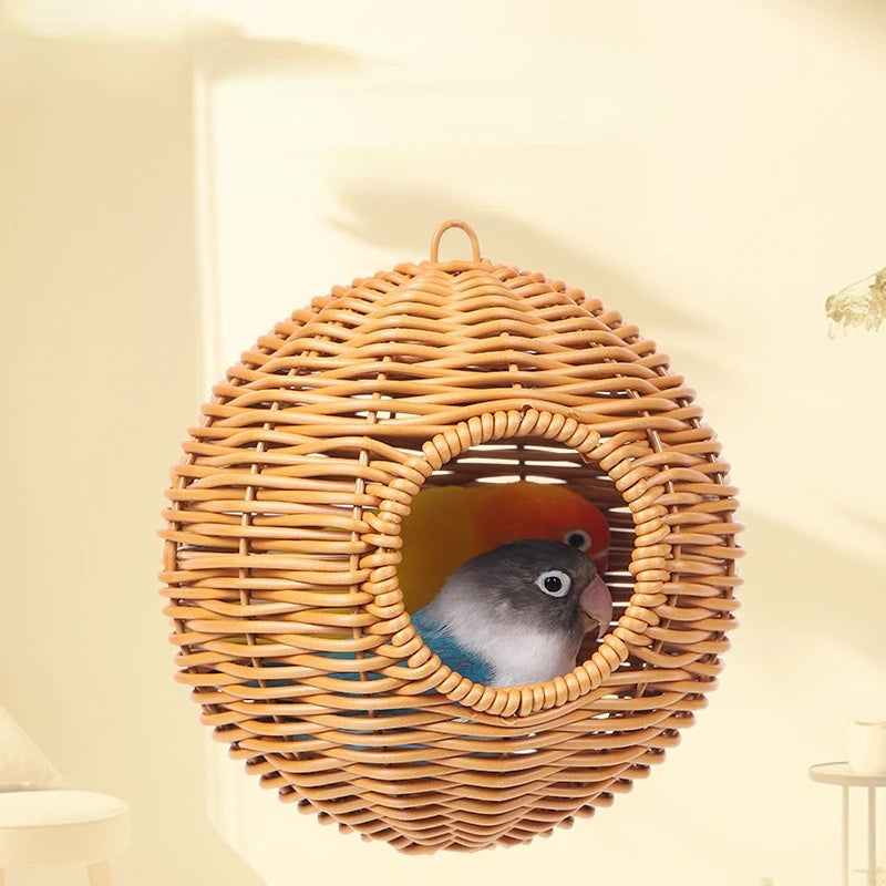 Bird Nest Fake Grass Handwoven Bird Cage House Parrot Canary Lovebird Parakeet Cockatiel Fake Hand-Woven Grass Hatching Bird Hut