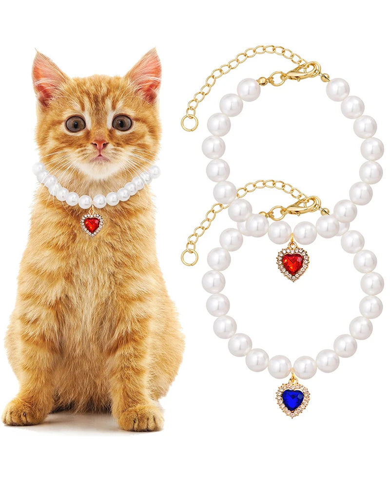 Pearl Cat Necklace Cute Cat Collar Decoration Love Crystal Cat Pendant Adjustable Kitten Necklace Fashion Pet Supplies