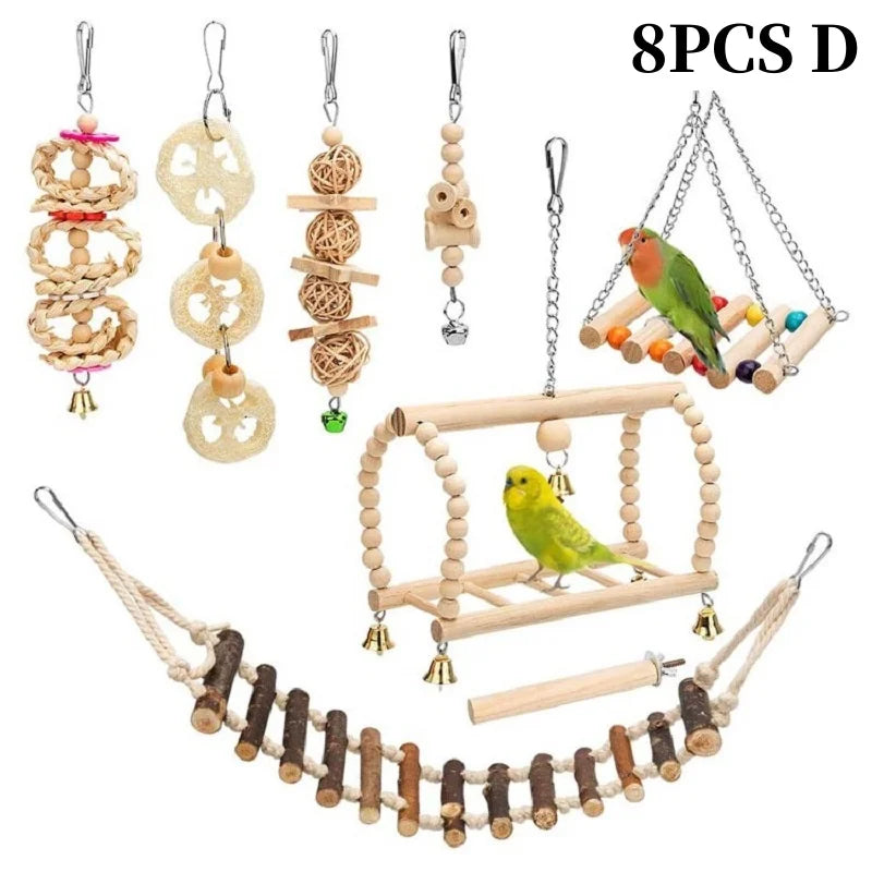 Parrots Wood Toys Cockatiel Toys Bird Cage Swing Hammock Chewing Toy Colorful Parakeet Wooden Hanging Bell Parrot Training Toys