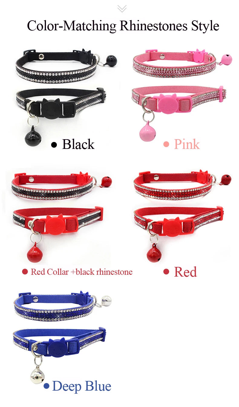 Small Cat Collar Rhinestone Breakaway Shiny Pet Goats Necklace Collier Chain Quick Release Safety Soft Suede Luxury for Kitten