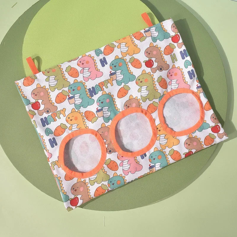 Rabbit Hay Feeding Bags 1/2/3 Holes Cartoon Printed Guinea Pigs Hanging Feeder Chinchilla Food Organizer Pet Cage Supplies