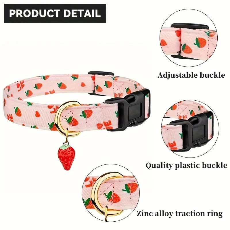 1pcs Fruit Print Polyester Dog Collar Set with Adjustable Buckles and Zinc Alloy Rings Stylish and Durable, Machine Washable