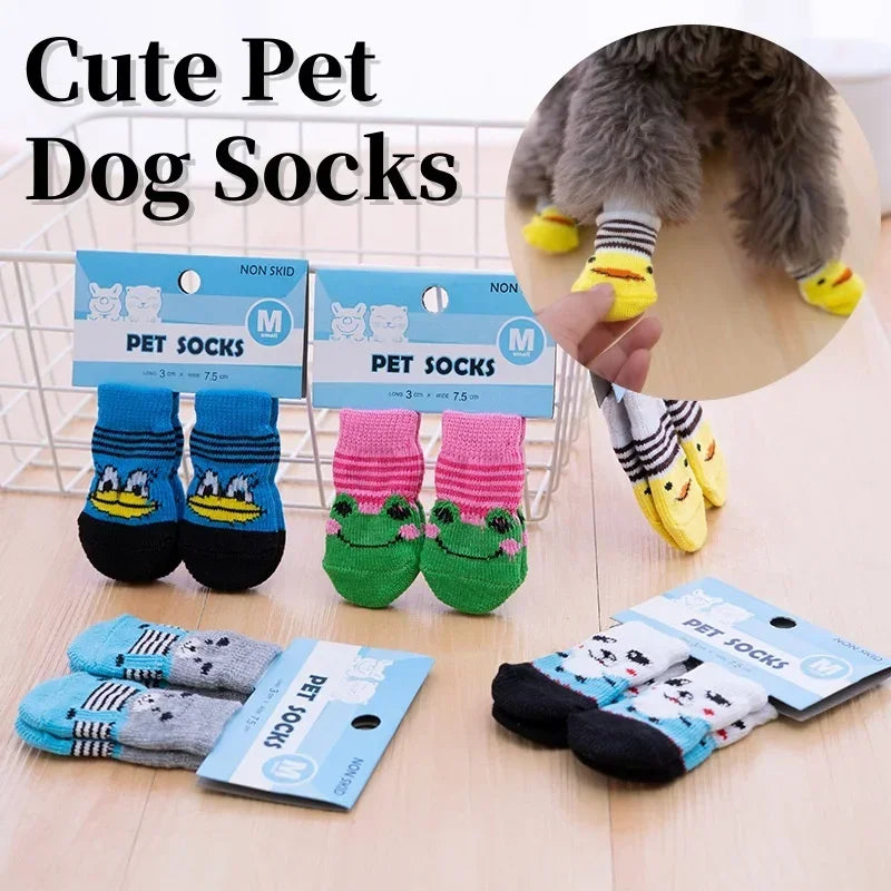 4 Pcs/set Cat and Puppy Shoes Of Cute Pet Dog Socks with Printed Non-slip To Protect and Prevent Dirt Warm Pet Puppy Socks