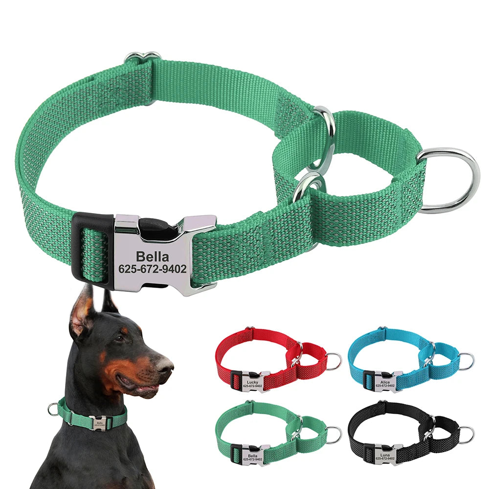 Custom Dog Martingale Collar Nylon Reflective Dog Collars With Engraving Metal Buckle Adjustable For Dogs Prevent Slipping Out