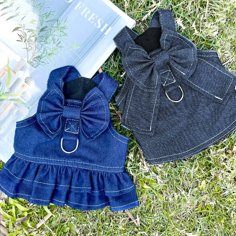 18kg Denim Dog Harness Durable Polyester Versatile Pet Vest Dress Walking Leash Accessories Bow Tie Big Dogs Clothes for Cats
