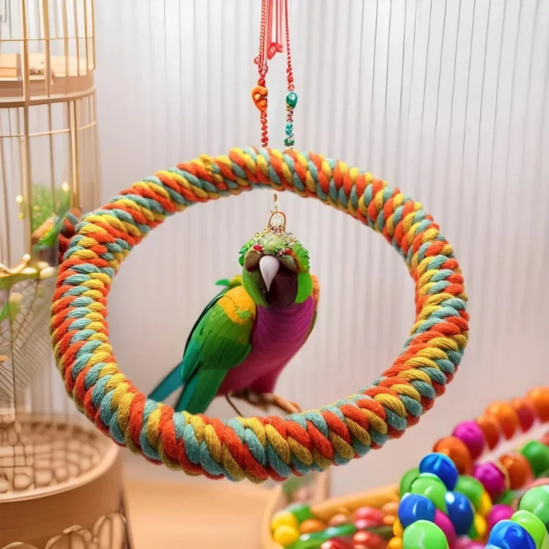 Bird Parrot Toy Cotton Rope Circle Toys Chewing Bite Parrot Perch Hanging Cage Swing Rope Ring Stand Climb Toy Bird Supplies