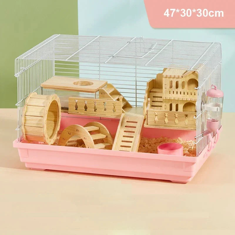 Luxury Hamster Cage Large Space Villa Two Layer Platform Small Animal Hedgehogs Guinea Pig House Stairs Running Wheel Toy Set