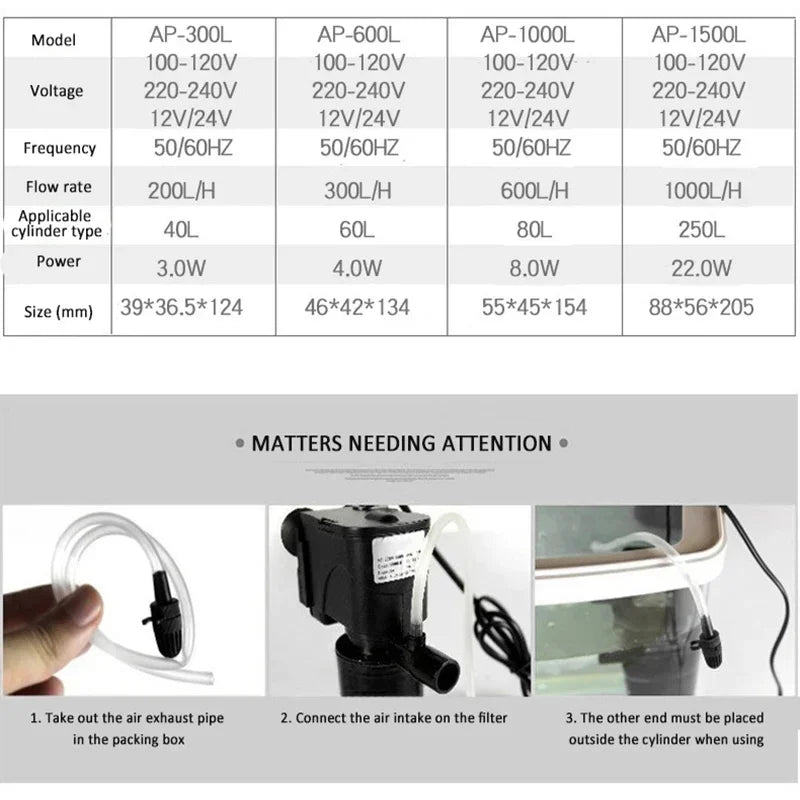 Low Level Water Submersible Water Filter Pump Turtle Tank Filter Aquarium Fish Tank Vertical Oxygen Increasing Pump EU Plug 3W