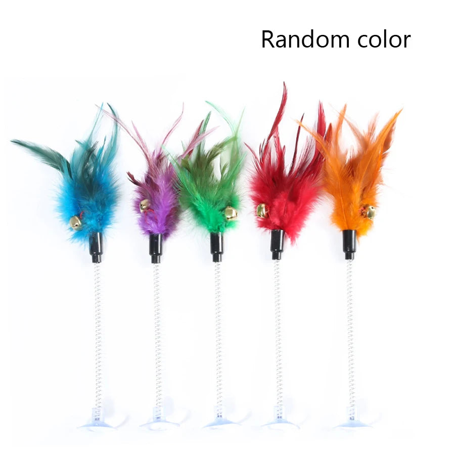 Swinging Spring Feather Cat Teaser with Suction Cup, Interactive Cat Toy with Sounding Bell, Teaser Wand Toys