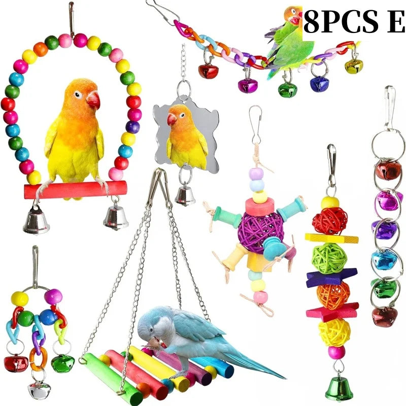 Parrots Wood Toys Cockatiel Toys Bird Cage Swing Hammock Chewing Toy Colorful Parakeet Wooden Hanging Bell Parrot Training Toys