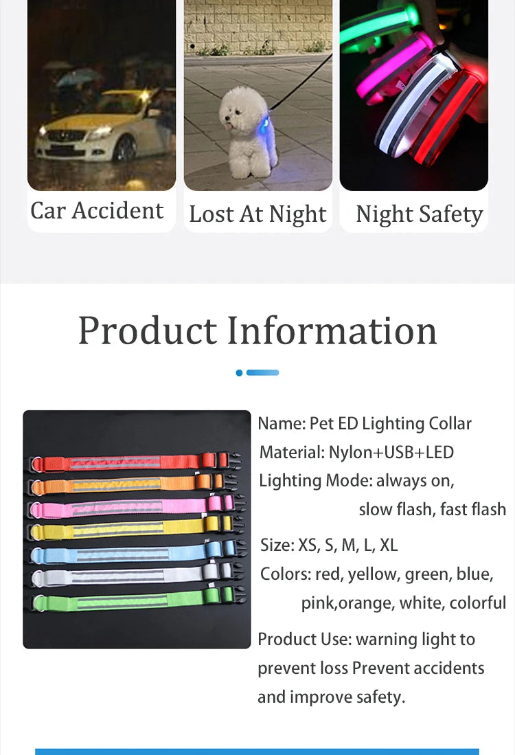 Reflective Dog Collar Luminous Night Safety Usb Rechargeable LED Dog Collar Light For Small Dogs Cat Pet Collar Para Perro XS-XL