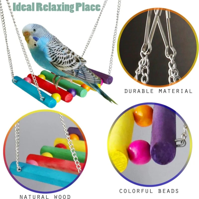 Parrots Wood Toys Cockatiel Toys Bird Cage Swing Hammock Chewing Toy Colorful Parakeet Wooden Hanging Bell Parrot Training Toys