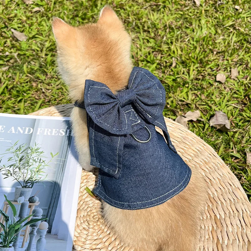 18kg Denim Dog Harness Durable Polyester Versatile Pet Vest Dress Walking Leash Accessories Bow Tie Big Dogs Clothes for Cats
