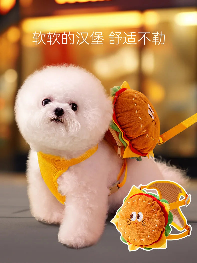 Pet Cute Burger and French Fries Backpack Towing Rope Cat Vest Dog Chest Strap for Walking Dog Rope Supplies Dog Bag